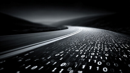 3D illustration of binary data streaming along a futuristic digital road. Abstract concept of technology, coding, and information transfer in cyberspace with glowing lines and matrix-inspired design.