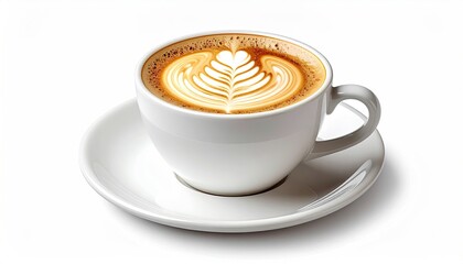 A white coffee cup with elaborate latte art, sitting on a saucer, isolated on white