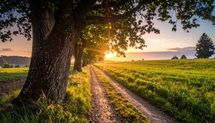 Golden hour light streams across a dirt path, lined with large trees and a green field