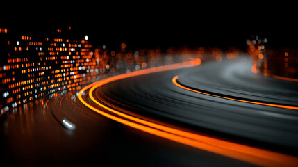 3D illustration of binary data streaming along a futuristic digital road. Abstract concept of technology, coding, and information transfer in cyberspace with glowing lines and matrix-inspired design.