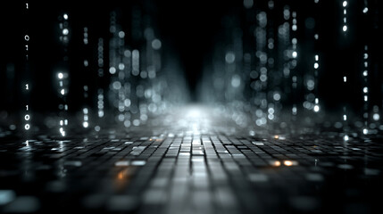 3D illustration of binary data streaming along a futuristic digital road. Abstract concept of technology, coding, and information transfer in cyberspace with glowing lines and matrix-inspired design.