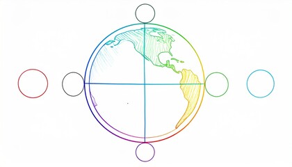 A colorful globe within a circle, surrounded by smaller circles in a white space