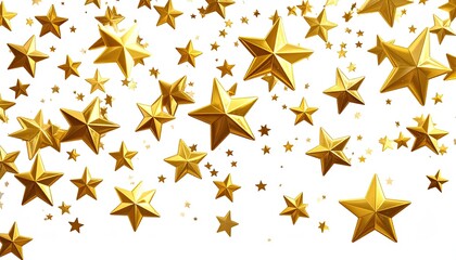 Gleaming gold stars of various sizes floating randomly on a white background