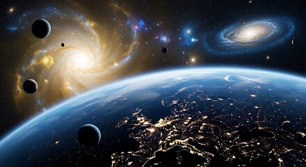 Earth from Space with Galaxies and Planets.