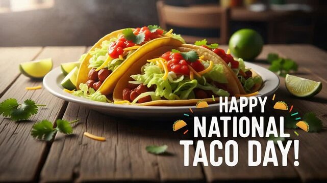 Happy National Taco Day Celebration with Delicious Tacos and Fresh Limes on a Rustic Wooden Table - Powered by Adobe