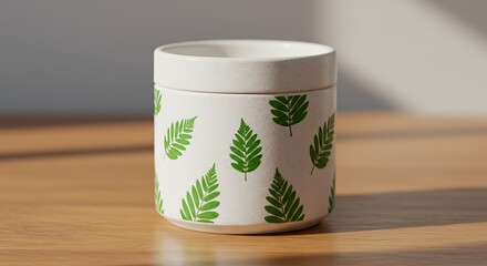 Close up of a ceramic jar with a leaf pattern decoration on a wooden table top