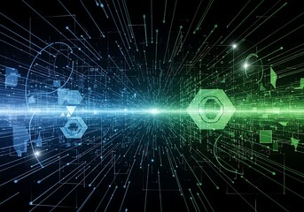 Futuristic Technology Background with Geometric Shapes and Light Streaks