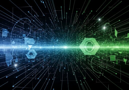 Futuristic Technology Background with Geometric Shapes and Light Streaks