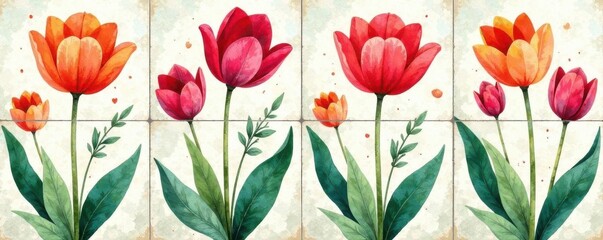 Hand-painted tulip & leaf batik tile Watercolor floral seamless pattern , elegant, illustration
