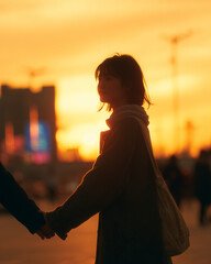 夕陽に照らされたシルエットの若いアジア人のカップル