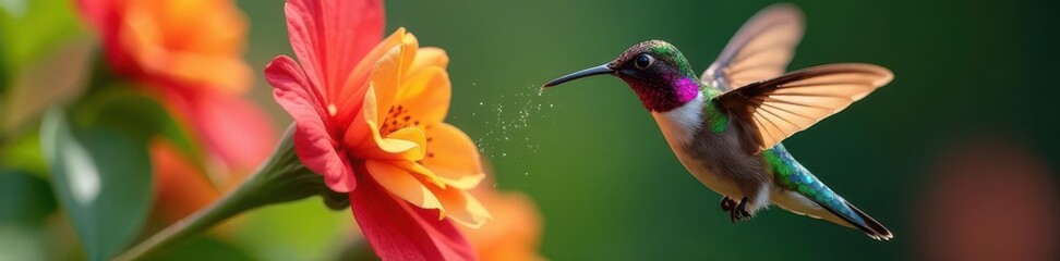 Fototapeta premium Hummingbird feeding, iridescent feathers, pollen dusting , blossom, beauty