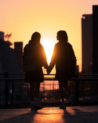 夕陽に照らされた若いアジア人女性のシルエット