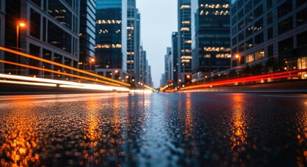 Obraz premium Dynamic Urban Night Street with Light Trails on Wet Asphalt Reflecting City Life and Movement