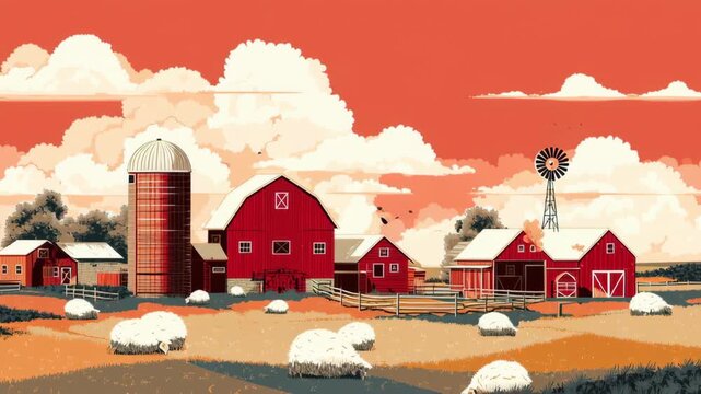 Red barn farm landscape featuring silo and windmill under cloudy orange sky, peaceful rural countryside with hay bales on fenced fields and wooden fences creating calm farm atmosphere