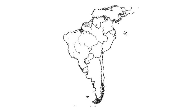 Black and white illustration showing the geographical outline of the continent of South America, depicting its shape and borders