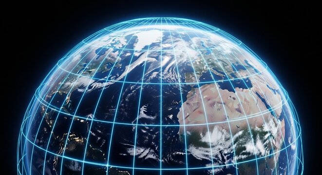 A digital earth globe with a glowing grid overlay against a black background
