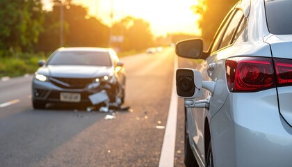 Obraz premium Sunlit highway scene with a damaged car and a white vehicle parked nearby, possibly involved in an accident