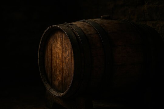 Aged oak barrel in rustic cellar moody lighting showcasing craft spirits storage