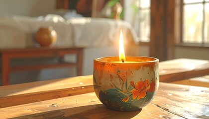 A lit candle in a decorative glass jar on a wooden surface, with a sunlit room in the background