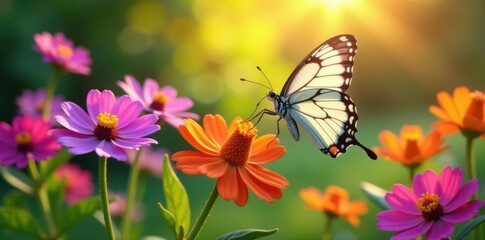 Vibrant butterflies flitting among colorful blooms in a sunlit garden , image, butterflies