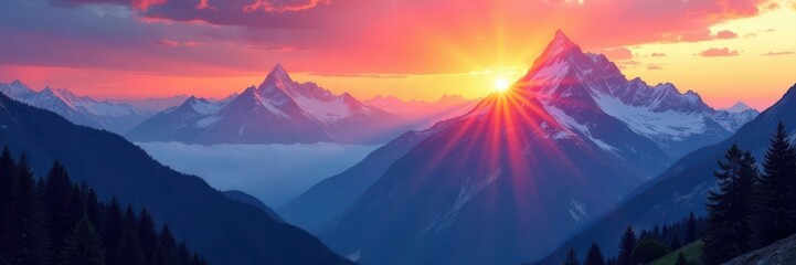 Vibrant sunset hues paint Austrian Alps peaks, postcard, sunset