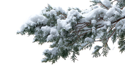 Close up of snow covered pine branches isolated on transparent background