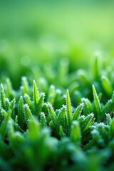White frost coating vibrant green grass, close-up view , botanical, dew