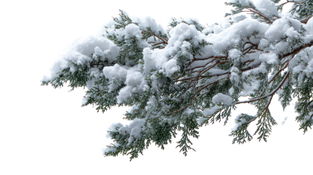 Close up of snow covered pine branches isolated on transparent background