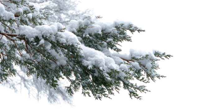Close up of snow covered evergreen branches isolated on transparent background