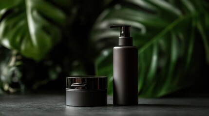 Minimalist skincare duo on dark surface surrounded by lush green foliage decor