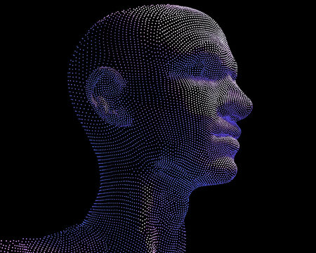 Digital human head composed of glowing purple and white dots forming abstract portrait with side profile and futuristic mood - Powered by Adobe