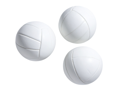 Three White Volleyballs in Random Arrangement, Top-Down Flat Lay, isolated on transparent background PNG
