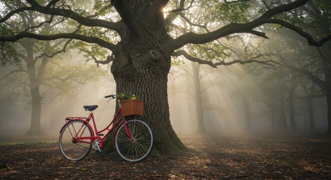 A bicycle leaning against a gnarled, ancient tree at the edge of a mystical forest, with soft morning mist drifting between the trees.
