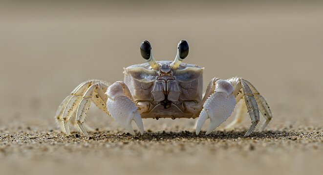 Close-up of a ghost crab with long eyes on a sandy beach in tropical paradise