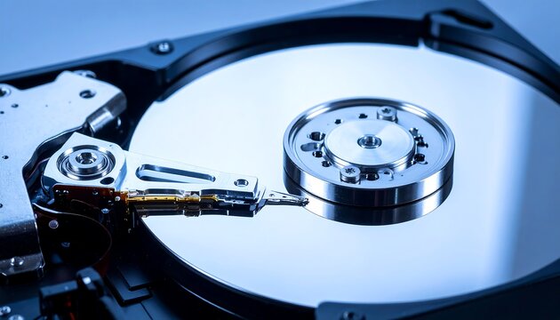 Close-up of a hard drive's internal components, showcasing the platter and read/write head