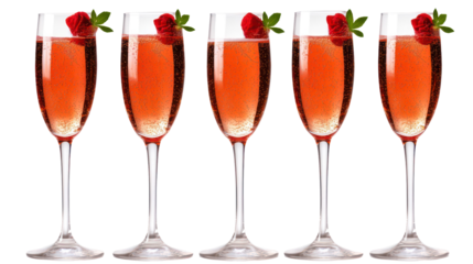 Five glasses of pink champagne with strawberries isolated on transparent background