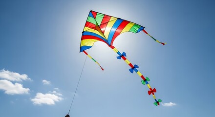 Colorful Rainbow Kite Flying High in Blue Sky.