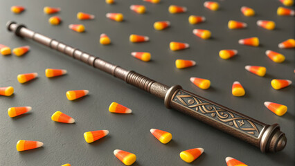 Halloween pop culture wand on dark table with scattered candy corn creating festive spooky vibe