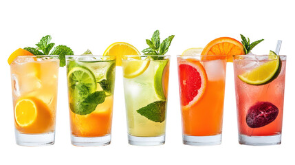 Assortment of refreshing fruit cocktails with mint isolated on transparent background