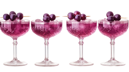 Four elegant glasses of pink cocktail with grapes isolated on transparent background