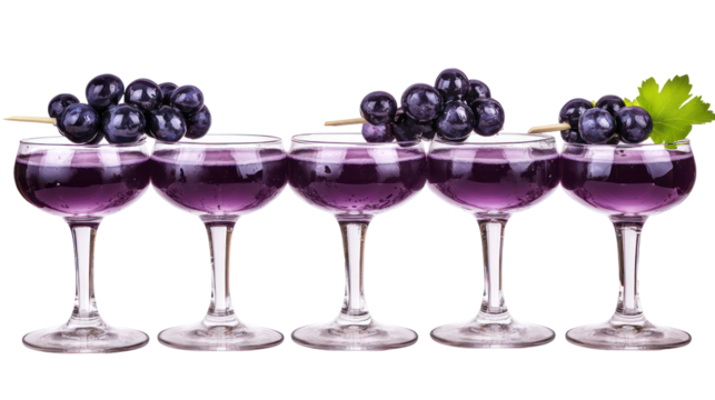Five glasses of purple grape cocktails with fresh grapes isolated on transparent background