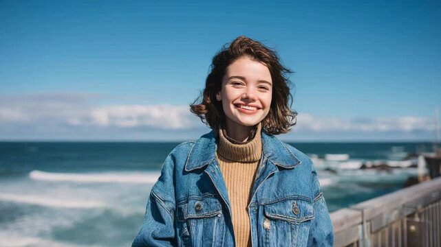 young woman smiling by the ocean in denim jacket on a windy day