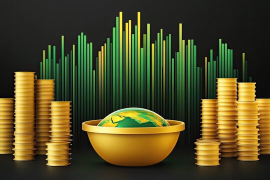 Gold coins surrounding a green Earth in a gold bowl, with green and yellow vertical bars