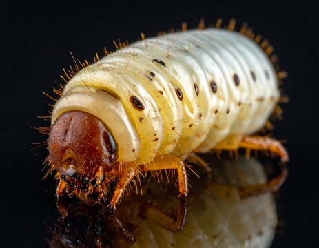 Close-up of a large, segmented grub with a reddish-brown head and off-white body, set against a black background