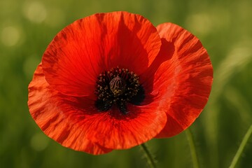 Scarlet poppy blossoms swaying in soft wind macro detail against blurred meadow