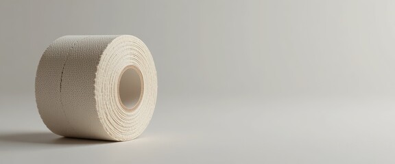 Textured beige athletic tape roll with a visible brown cardboard core on a light gray background