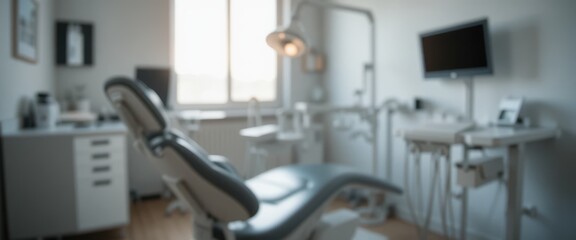 Blurred interior view of a modern dental clinic examination room with a patient chair and medical equipment
