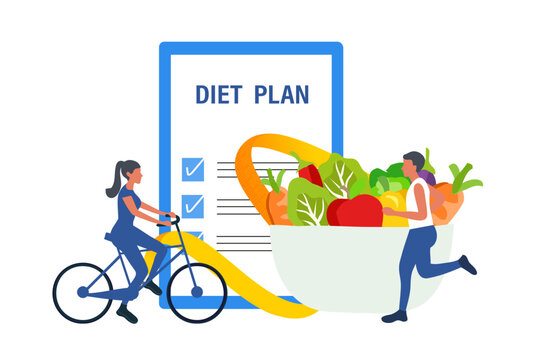 Diet plan concept. People do exercise and planning diet with healthy food. Concept of dietary eating, meal planning, nutrition consultation. 