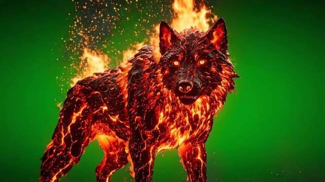 flaming lava wolf creature on green screen