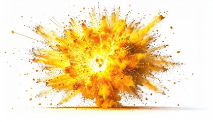 A bright yellow and orange burst with particles, shown against a white background